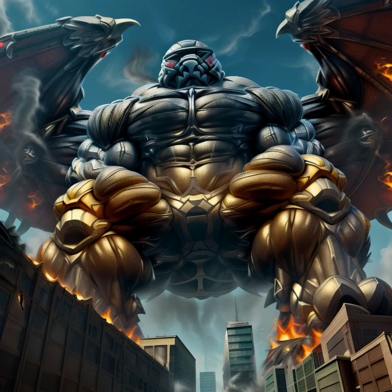 (masterpiece. official art. 8k. best quality. detailed full body. full body.)

(situation 1 : dominating LUCARIO. focus GIANT mechanical Muscular LUCARIO is trampling the CITY. macro. stomp. Low-angle perspective. emphasizing the immense size. The perspective is from below, emphasizing the sheer majesty and power of the Giant. giant art. He is much bigger than a skyscraper. Giga Giants. micro soccer field. looking down.)

(situation 2 :smoke and flames rising from the destruction in the city)

(Additional details 1: wearing a full-face helmet. high-tech bio-mecha armor. real texture material. whole body shines like metal. Wearing cyberpunk mecha. emphasizes the muscles. suit fully made of metal. intricate armor. Robotic suit. suit fully made of metal. cyborg. Powered exoskeleton with the same design as LUCARIO).

(Additional details 2: (Detailed head. Detailed Body. Detailed abs. gigantic muscles. HYPER MUSCLES. Gigachad Muscular. big muscle. pecs. triceps. traps. unusually developed muscular body. body full of huge muscles. showing off muscles. pectorales enormes. Exaggeratedly huge muscles. huge muscles. long legs.).

(Additional details 3: nj5furry, Spread wings. It has wings. White have big wings. The claws are sharp. Sharp teeth.5 toes.).