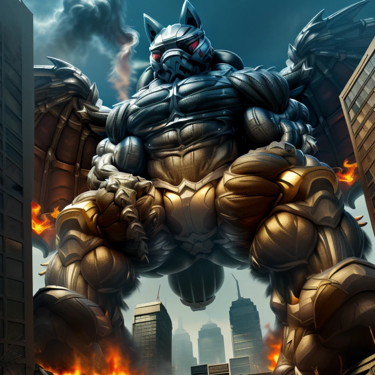 (masterpiece. official art. 8k. best quality. detailed full body. full body.)

(situation 1 : dominating LUCARIO. focus GIANT mechanical Muscular LUCARIO is trampling the CITY. macro. stomp. Low-angle perspective. emphasizing the immense size. The perspective is from below, emphasizing the sheer majesty and power of the Giant. giant art. He is much bigger than a skyscraper. Giga Giants. micro soccer field. looking down.)

(situation 2 :smoke and flames rising from the destruction in the city)

(Additional details 1: wearing a full-face helmet. high-tech bio-mecha armor. real texture material. whole body shines like metal. Wearing cyberpunk mecha. emphasizes the muscles. suit fully made of metal. intricate armor. Robotic suit. suit fully made of metal. cyborg. Powered exoskeleton with the same design as LUCARIO).

(Additional details 2: (Detailed head. Detailed Body. Detailed abs. gigantic muscles. HYPER MUSCLES. Gigachad Muscular. big muscle. pecs. triceps. traps. unusually developed muscular body. body full of huge muscles. showing off muscles. pectorales enormes. Exaggeratedly huge muscles. huge muscles. long legs.).

(Additional details 3: nj5furry, Spread wings. It has wings. White have big wings. The claws are sharp. Sharp teeth.5 toes.).