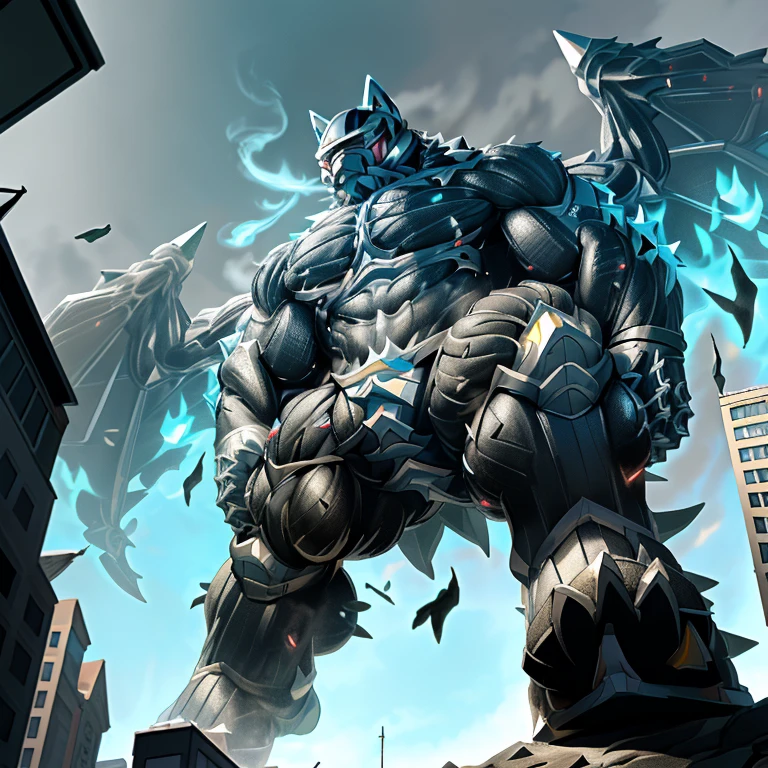 (masterpiece. official art. 8k. best quality. detailed full body. full body.)

(situation 1 : dominating LUCARIO. focus GIANT mechanical Muscular LUCARIO is trampling the CITY. macro. stomp. Low-angle perspective. emphasizing the immense size. The perspective is from below, emphasizing the sheer majesty and power of the Giant. giant art. He is much bigger than a skyscraper. Giga Giants. micro soccer field. looking down.)

(situation 2 :smoke and flames rising from the destruction in the city)

(Additional details 1: wearing a full-face helmet. high-tech bio-mecha armor. real texture material. whole body shines like metal. Wearing cyberpunk mecha. emphasizes the muscles. suit fully made of metal. intricate armor. Robotic suit. suit fully made of metal. cyborg. Powered exoskeleton with the same design as LUCARIO).

(Additional details 2: (Detailed head. Detailed Body. Detailed abs. gigantic muscles. HYPER MUSCLES. Gigachad Muscular. big muscle. pecs. triceps. traps. unusually developed muscular body. body full of huge muscles. showing off muscles. pectorales enormes. Exaggeratedly huge muscles. huge muscles. long legs.).

(Additional details 3: nj5furry, Spread wings. It has wings. White have big wings. The claws are sharp. Sharp teeth.5 toes.). 