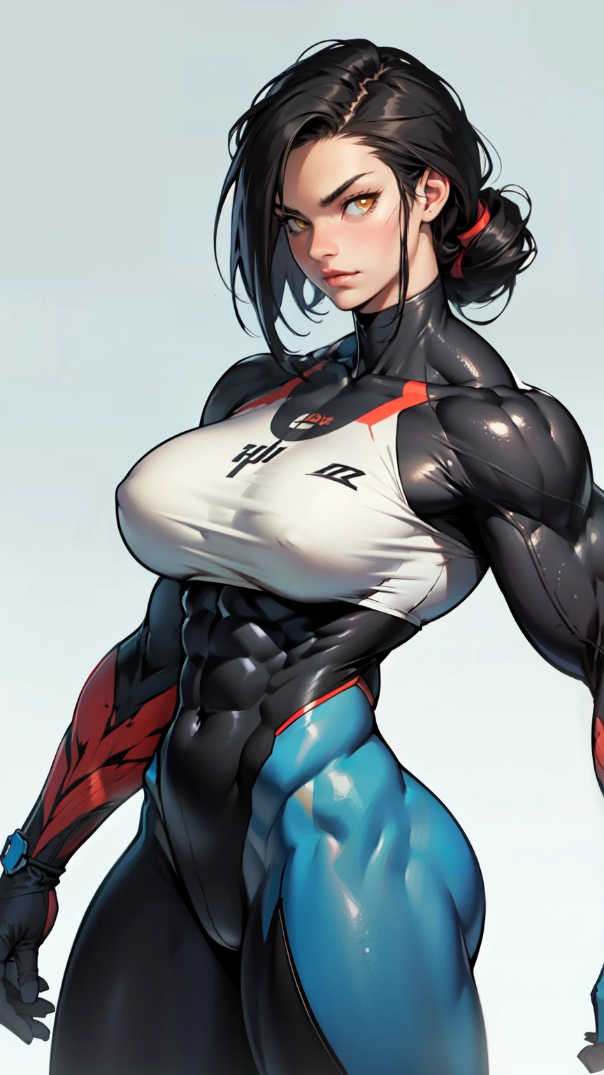 (((muscular girl toned body large breasts thick perfect anatomy))) yellow eyes black hair pale best quality