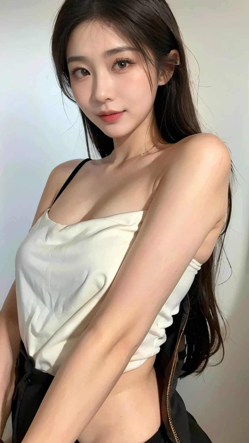 Beautiful asian woman， (Plain makeup) pure face，(curvy body) (:1.2) deep ((best quality, 8K, masterpiece :1.3)), The award-winning, best quality, High resolution, 1080P, HD, 16K, Big  , round , hanging , deep cleveage, open cleveage, cleveage, (Bronze skin:1.2) Wear an off-the-shoulder vest