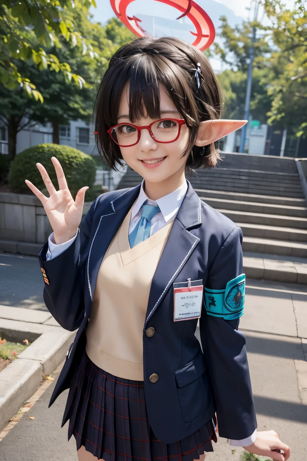 masterpiece, best quality, ultra-detailed, realistic , 1girl, ayane,red glasses, pointed ears, elf, school_uniform, blazer, white shirt, pleated skirt, halo, outdoors, smile, opened mouth, waving hands, (hand waving:1.1), standing 