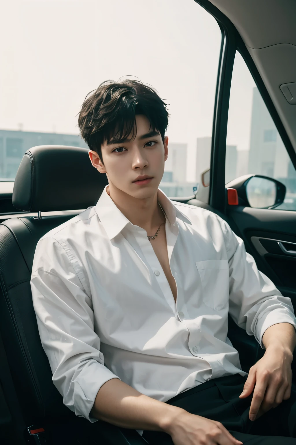 arafed male in a white shirt sitting in a car, inspired by Yanjun Cheng, artwork in the style of guweiz, by Yanjun Cheng, inspired by Russell Dongjun Lu, by Russell Dongjun Lu, by Zhang Han, guweiz, sakimichan frank franzzeta, ross tran style, by Ren Xiong, by Yang J
