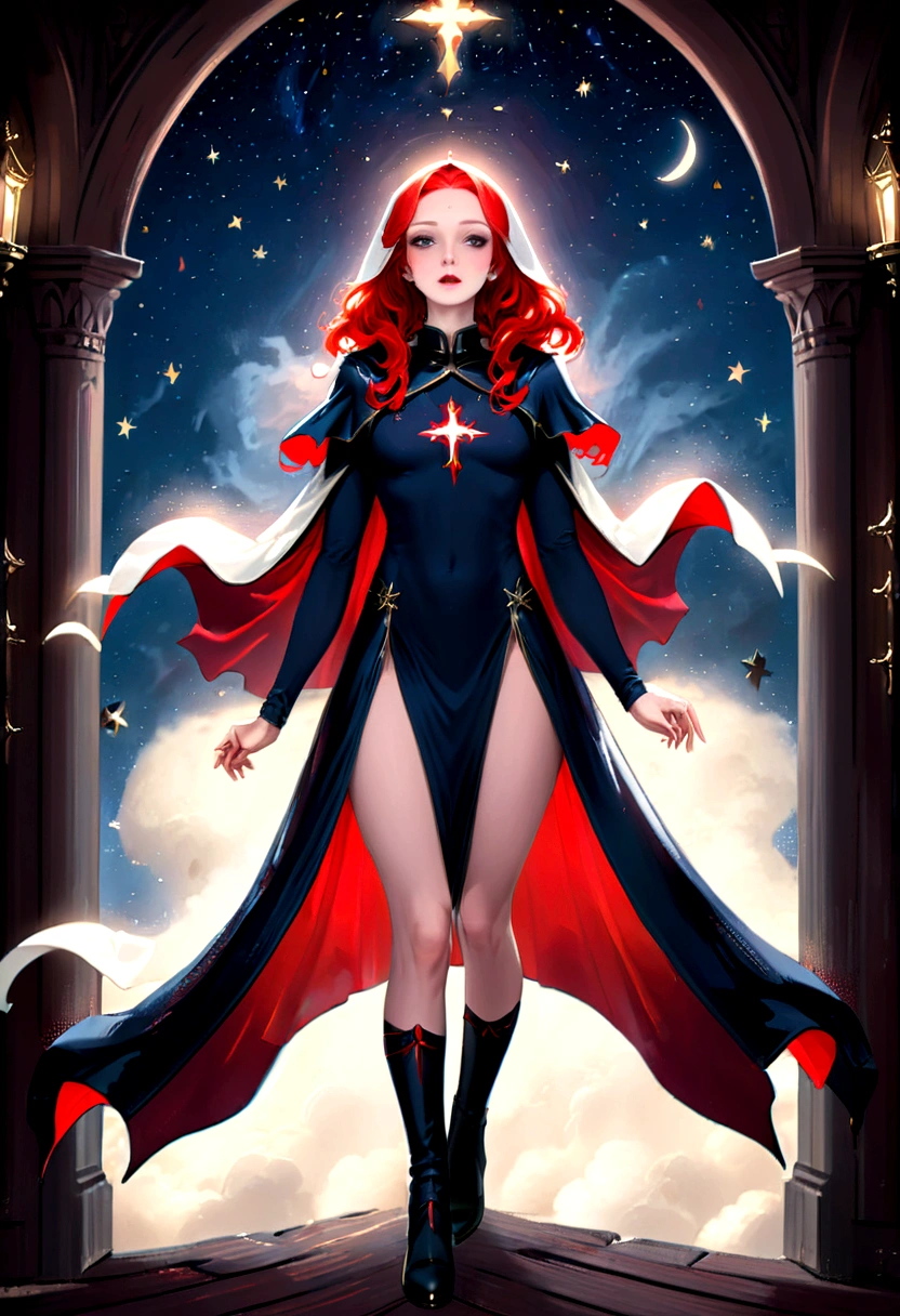 a picture of an exquisite beautiful female nun vampire standing under the starry night sky on the porch of her monastery, ultra feminine, (pale skin: 1.3), red hair, wavy hair, dynamic eyes color, cold eyes, glowing eyes, intense eyes, dark red lips, ((fangs: 1.1)), wearing (white nun tight וuniform: 1.3), wearing (blue cloak: 1.3), long cloak, flowing cloak, wearing (high heeled boots: 1.3), sky full of stars background, moon, bats flying about, action shot, high details, best quality, 16k, ((ultra detailed: 1.5)), masterpiece, best quality, portrait shot, photorealism, dark fantasy art, gothic art, many stars, sense of dread, GlowingRunesAI_red, Cinematic Hollywood Film style, ((no nudity: 1.5)), dark novel