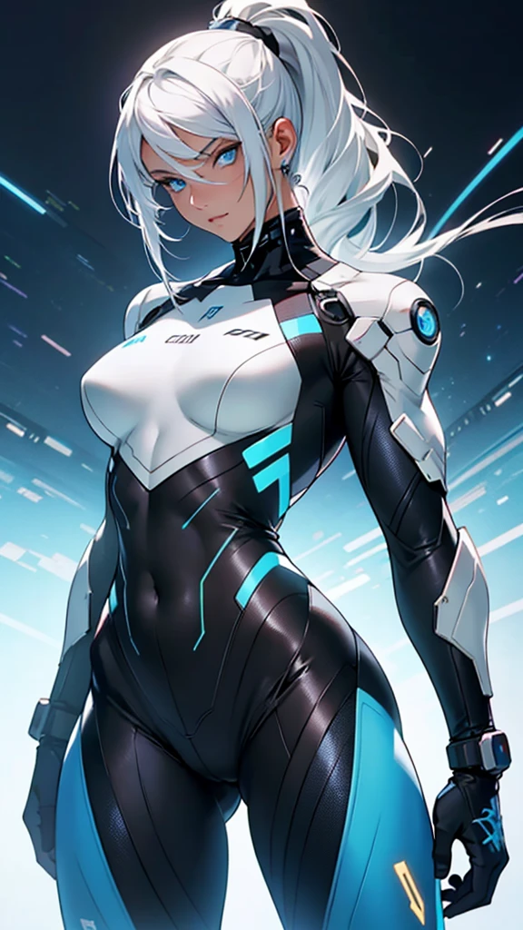 Beautiful cybernetic girl detailed muscles realistic masterpieces full figure pose (best quality,ultra-detailed), white-haired girl, blue eyes, high ponytail, fair skin, fit body, slim figure, narrow waist, large buttocks, (cocky expression), black cybernetic battle spacesuit