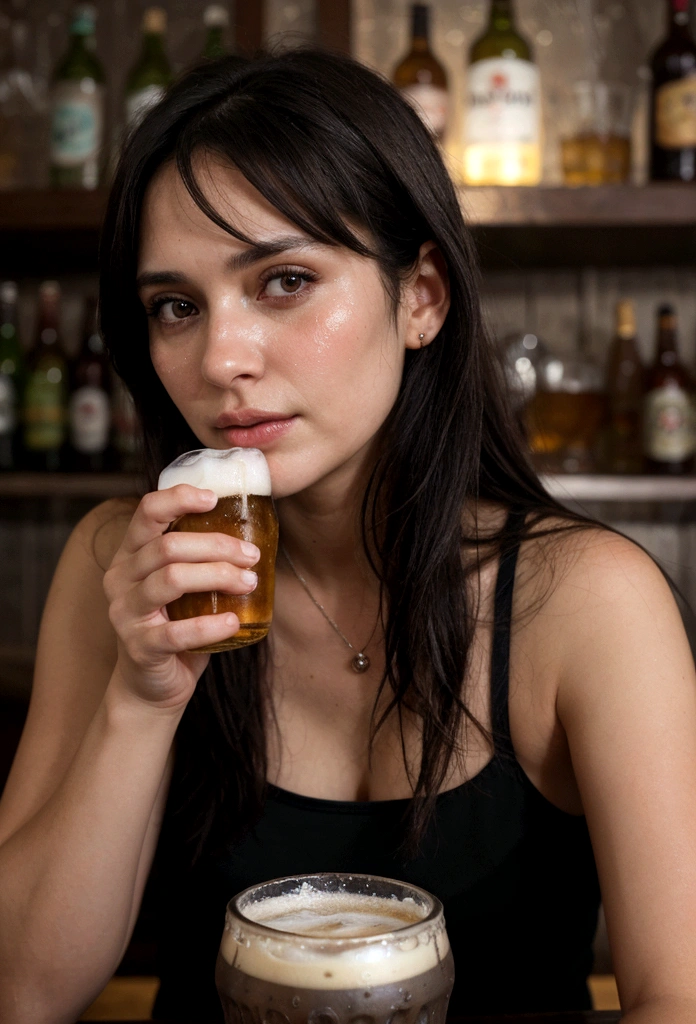 (dark haired girl) Sentado dans un bar, avec un (frozen and sweaty) Glass of Beer, (profiter) La boisson