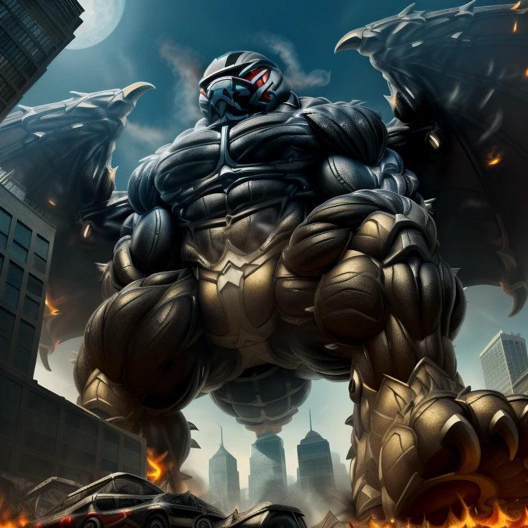 (masterpiece. official art. 8k. best quality. detailed full body. full body.)

(situation 1 : dominating LUCARIO. focus GIANT mechanical Muscular LUCARIO is trampling the CITY. macro. stomp. Low-angle perspective. emphasizing the immense size. The perspective is from below, emphasizing the sheer majesty and power of the Giant. giant art. He is much bigger than a skyscraper. Giga Giants. micro soccer field. looking down.)

(situation 2 :smoke and flames rising from the destruction in the city)

(Additional details 1: wearing a full-face helmet. helmet is jet black. The color of NANOSUIT is jet black. high-tech bio-mecha armor. real texture material. whole body shines like metal. Wearing cyberpunk mecha. emphasizes the muscles. suit fully made of metal. intricate armor. Robotic suit. suit fully made of metal. NANOSUIT with the same design as LUCARIO.).

(Additional details 2: (Detailed head. Detailed Body. Detailed abs. gigantic muscles. HYPER MUSCLES. Gigachad Muscular. big muscle. pecs. triceps. traps. unusually developed muscular body. body full of huge muscles. showing off muscles. pectorales enormes. Exaggeratedly huge muscles. huge muscles. long legs.).

(Additional details 3: nj5furry, Spread wings. It has wings. black have big wings. The claws are sharp. Sharp teeth.5 toes.). 