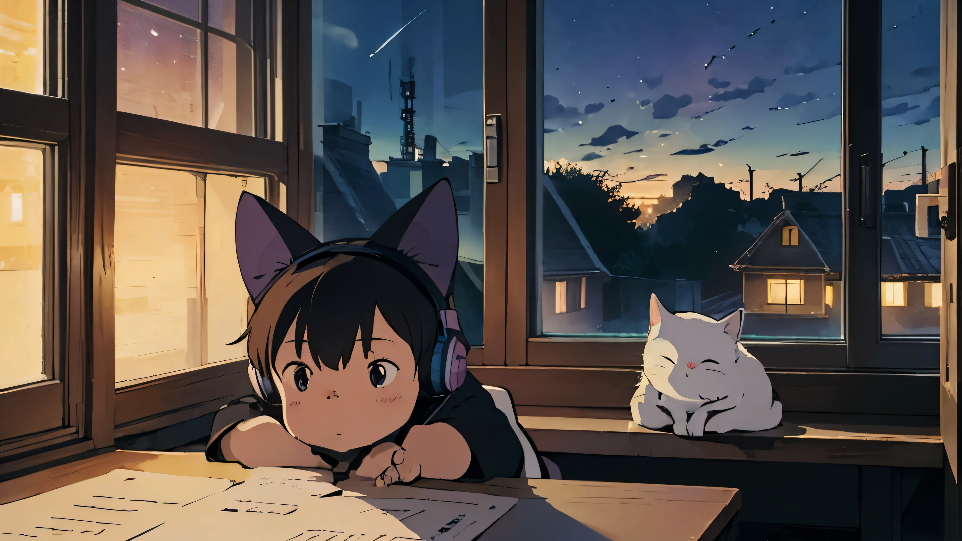 In the room at night。A cat wearing headphones is relaxing while working at a desk。Outside the window, there is a fantastic starlight。Illustrated style。