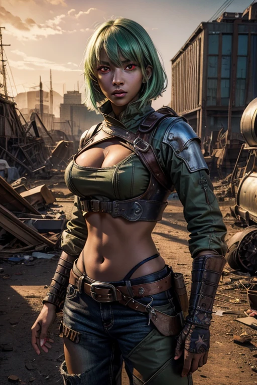 Attractive woman (8K, Highly Detailed, Ultra High Resolution, (((Extremely detailed eyes and face))), Keep the idea, keep the shapes , beautiful woman, beautiful face, european features, angular face, straight features, serious expression, black eyes, green skin, realistic green skin,realistic massive Voluptuous breast, realistic sexy body, military cut hair, blonde hair, wears a military necklace, sun glasses, wears police uniform style, cyborg forearms, robotic, detailed, realistic hands, detailed hands, marked abdomen, slim waist, police-style pants, padded, brown, metal knee pads, long style boots police, black color, has a military belt with ammunition, carries a sniper rifle on his shoulders, background, modern city, gray, smoke, war, a lot of fire, daylight