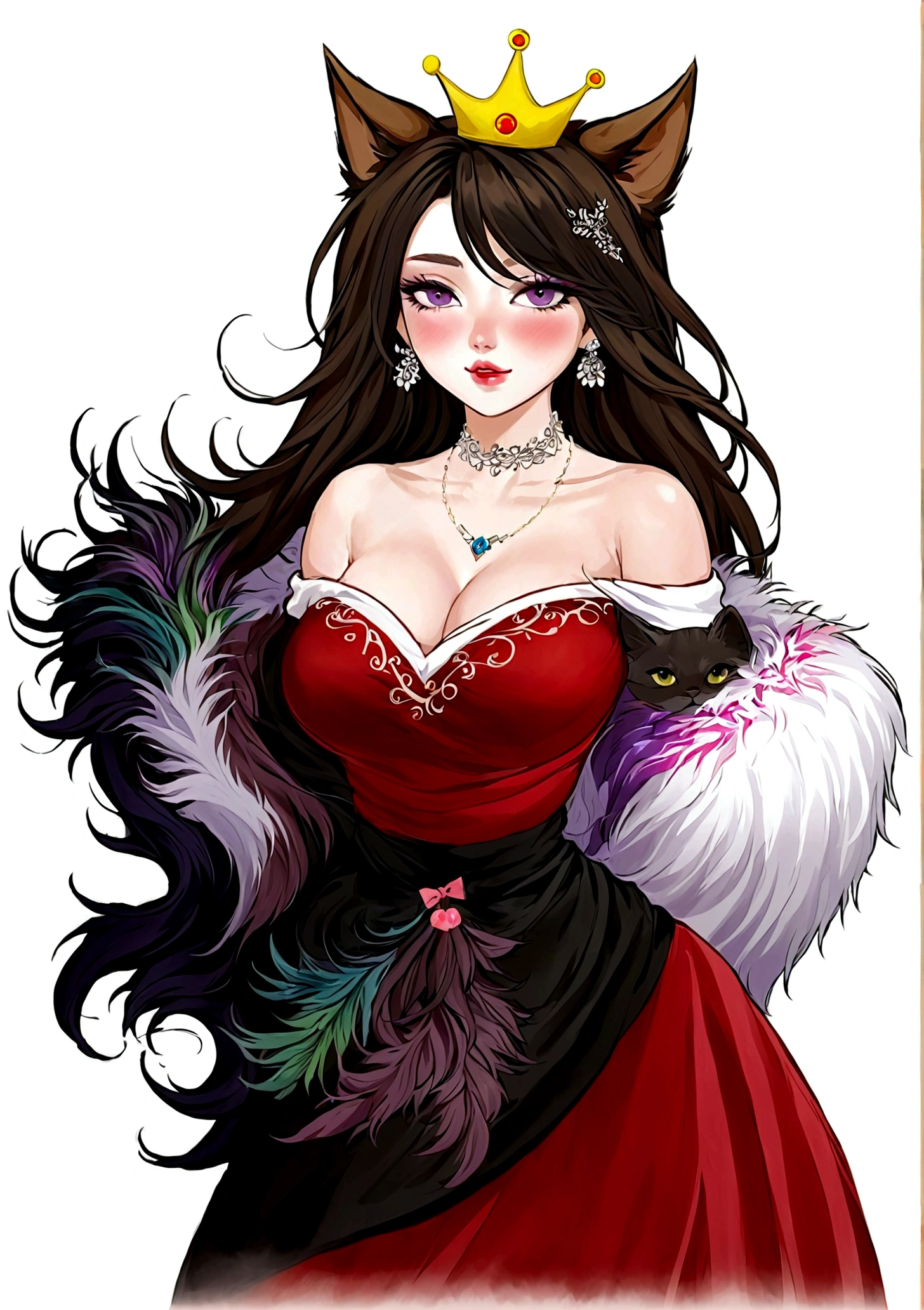 Anime Girl，Purple Eyeshadow，Black long hair，Cat ears，Small Crown，Red off-shoulder dress，Fur collar shawl，wave