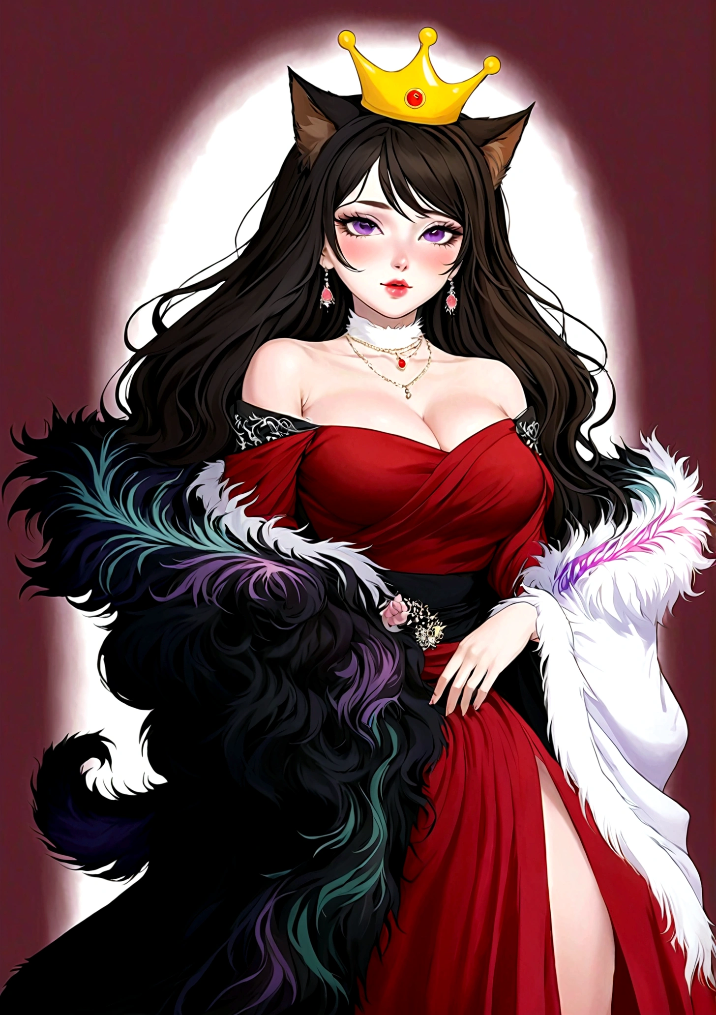 Anime Girl，Purple Eyeshadow，Black long hair，Cat ears，Small Crown，Red off-shoulder dress，Fur collar shawl，wave