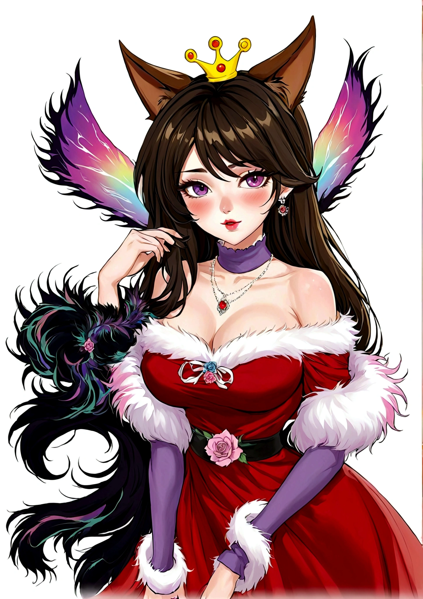 Anime Girl,Purple Eyeshadow,Black long hair,Cat ears,Small Crown,Red off-shoulder dress,Fur collar shawl,wave