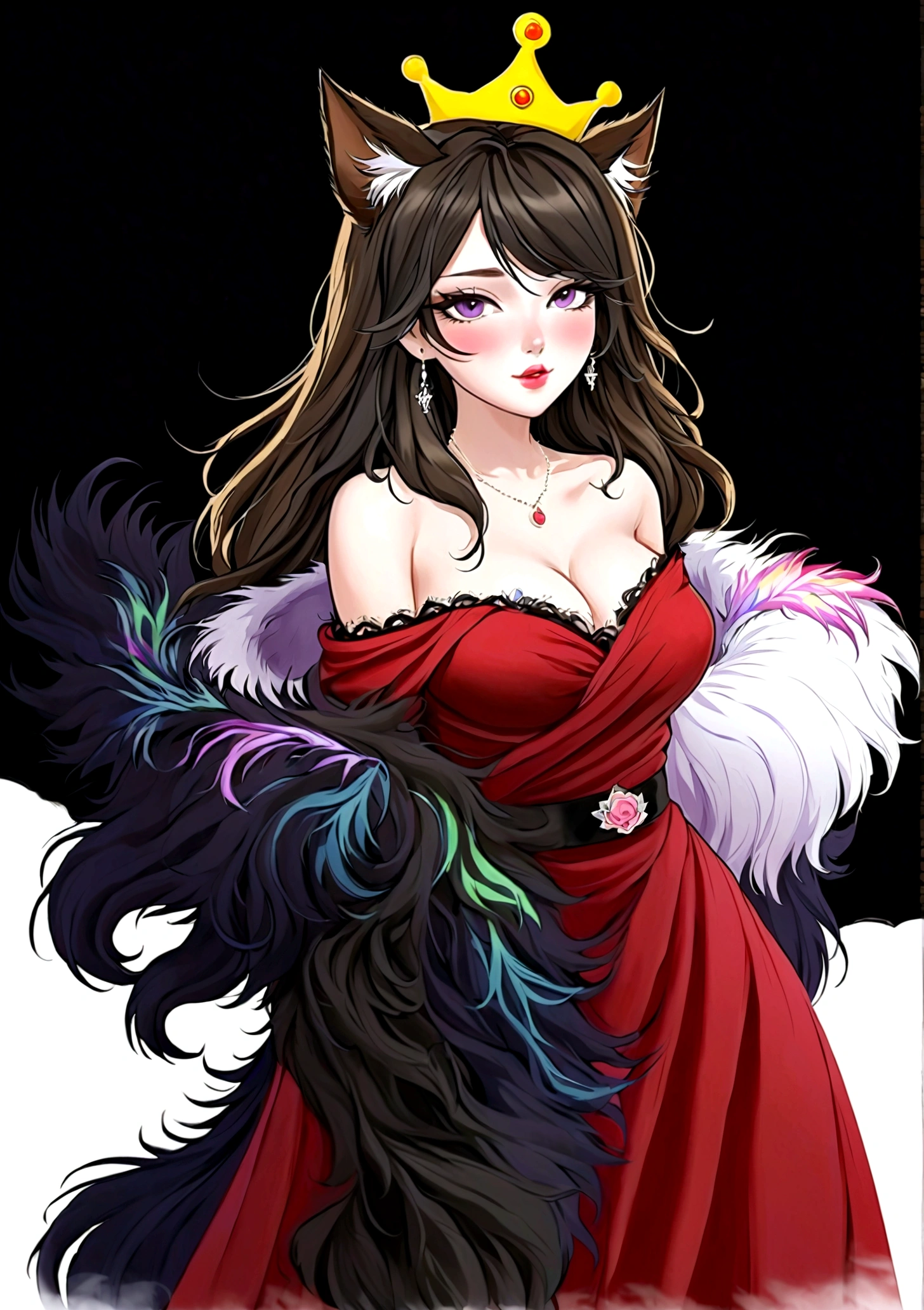 Anime Girl,Purple Eyeshadow,Black long hair,Cat ears,Small Crown,Red off-shoulder dress,Fur collar shawl,wave