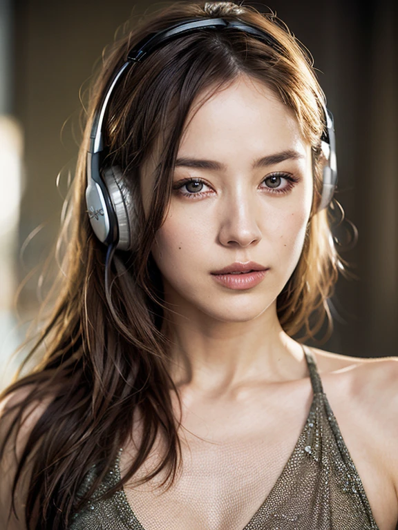 Dressed, (photo Realistic:1.4), (hyper Realistic:1.4), (Realistic:1.3), (Smoother lighting:1.05), (Improving the lighting quality of movies:0.9), 32k, One girl,20 year old girl, Realistic lighting, Backlight, Light on the face, Ray-tracing, (Bright light:1.2), (Improvement of quality:1.4), (Highest quality real texture skins:1.4), Detailed drawn eyes, Detailed painted face, Quality Eyes, (Tired, sleepy and satisfied:0.0), Face close-up, T-shirt with headphones, (Enhance the mood of your body line:1.1), (Enhances the beauty of skin texture:1.1)