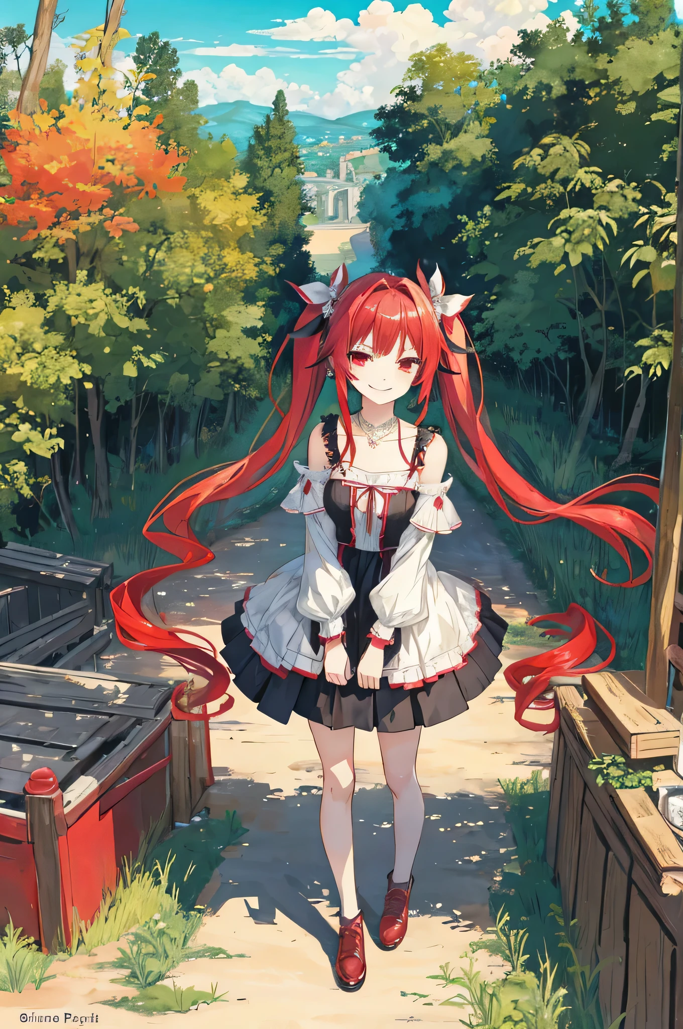 {{Eroge,Game CG,High quality game CG},{{{1girl in}}},{{masutepiece}}, {{{Best Quality}}}, {{Ultra-detailed}}, {{Illustration}},,{{magical little girl}},brooches,,,, {{disheveled hair}},,Big hair, Gradient Hair,Small breasts,,,Drill Hair, {pocket watch},absurdly long hair, Dreadlocks, Red hair, Red hair,Red hair,Gradient Hair,((Evil smile)), v shaped_eyebrows, zettai_ryouiki,,,, floral print and pleated skirt. Add accessories like fringed earrings or a statement necklace.、Complete the look. Gather on the grassland with adventurers,fantasy meadow background,((Shoulders and arms are exposed)),(Evil smile),Furious,(Evil smile),(loli girl),(loli girl),Jewel-like red eyes,(Arms Exposed),((high twintails)),twintails, girl,((full body)),