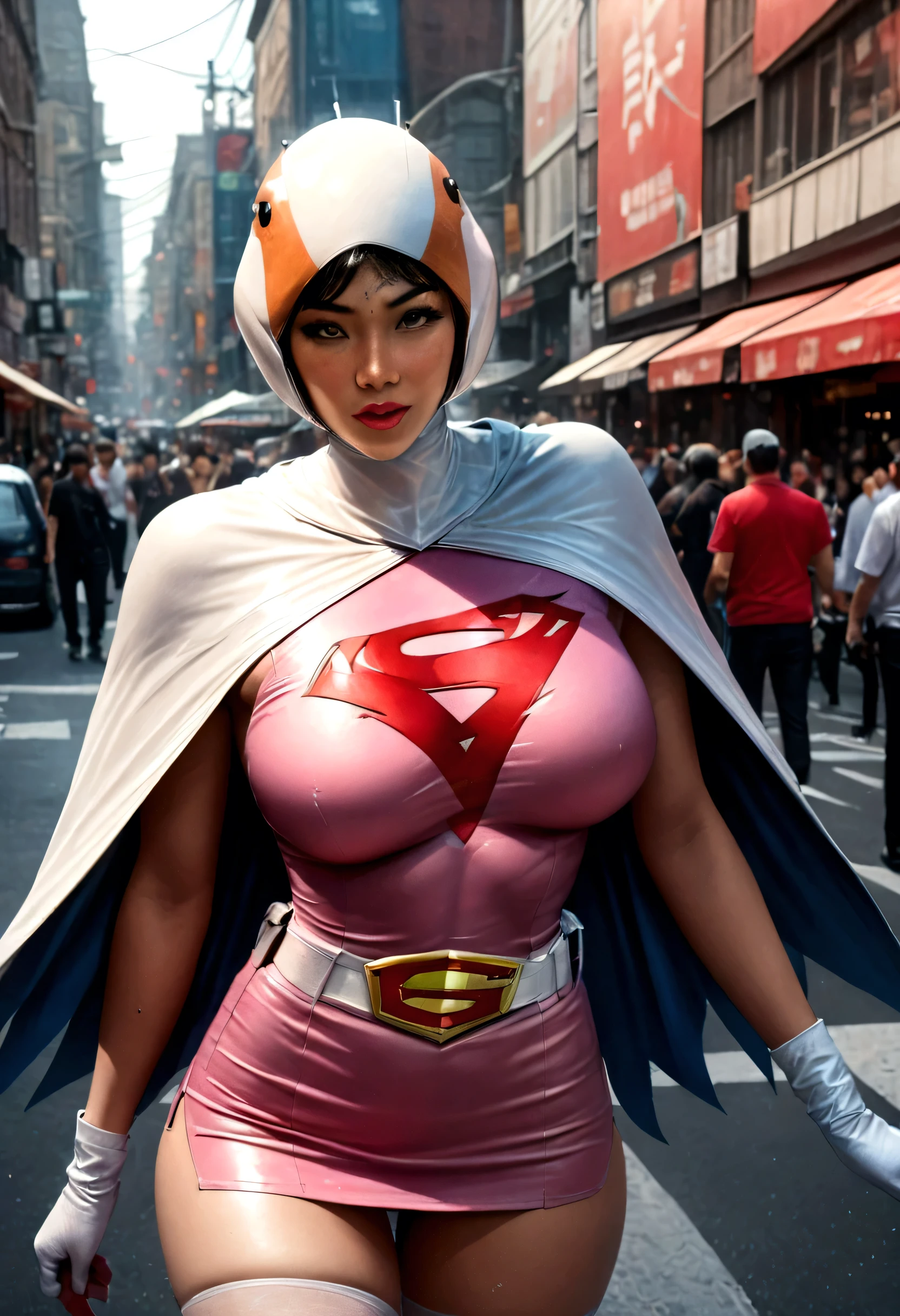 a girl in a gatchaman outfit, beautiful detailed eyes, beautiful detailed lips, extremely detailed eyes and face, long eyelashes, thick vertical striped pants, shopping in a busy street, medium: illustration, (best quality, 4k, 8k, highres, masterpiece:1.2), ultra-detailed, (realistic, photorealistic, photo-realistic:1.37), vibrant colors, dramatic lighting, cinematic composition, Hi3JTS, giga_busty,breasts