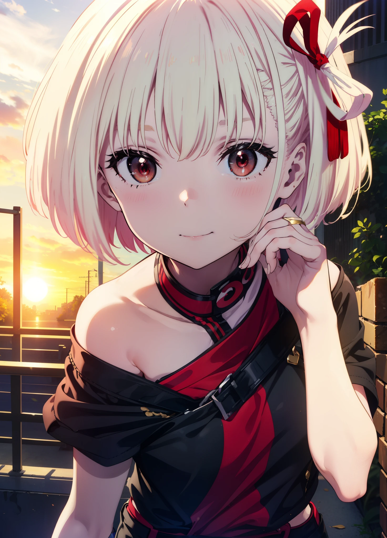 chisatonishikigi, Chisato Nishikigi, short hair, bangs, Blonde Hair, (Red eyes:1.5), Hair Ribbon, One side up, Bobcut,smile,blush,
Cord off-shoulder top,Short sleeve,skinny pants,Stiletto heels,morning,morning陽,The sun is rising,walking,whole bodyがイラストに入るように,
break outdoors, 公園
break looking at viewer, whole body,
break (masterpiece:1.2), highest quality, High resolution, unity 8k wallpaper, (shape:0.8), (Beautiful details:1.6), Highly detailed face, Perfect lighting, Extremely detailed CG, (Perfect hands, Perfect Anatomy),