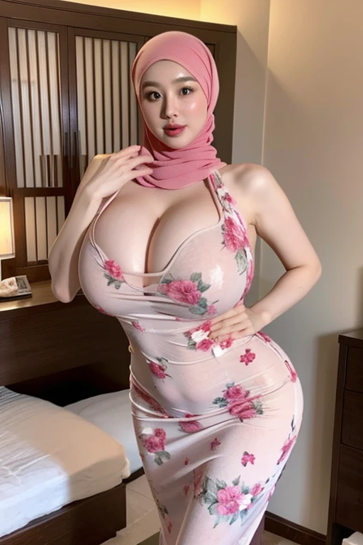 Beautiful hijab woman, , 50 years old, big breasts, thick cleavage, sticking out nipples (clear nipples), sexy pose, standing pose, naked body, wearing a negligee with floral motifs, slim body, ((adorable :1.1)), ((masterpiece:1.1 ) ),