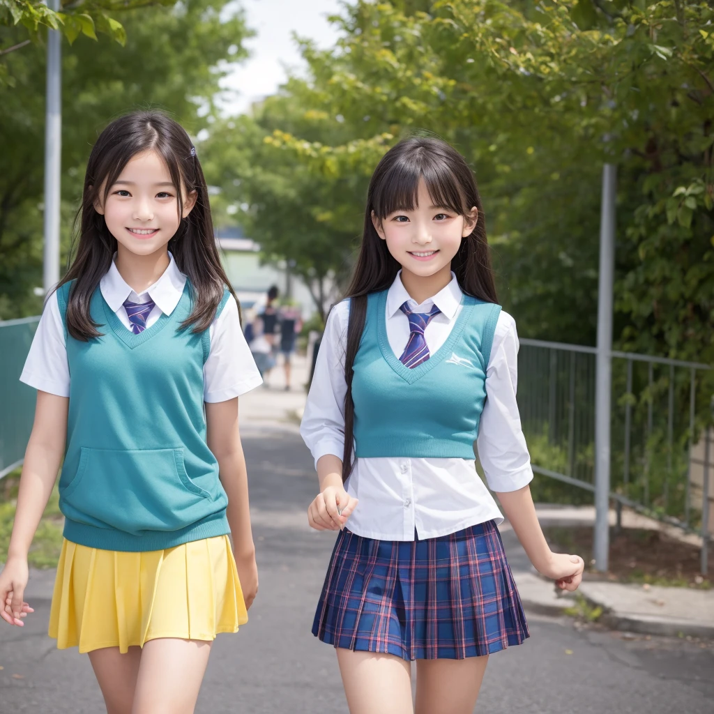 (Two -yeld Jaese elementar110cm tall with super enormous-breasted, (super enormous breasts), wearing baby blue micro , baby blue micro mini tank tops (navel-baring), carrying school bags, and my butt is being touched by 10-year-old Japanese elemearyool b 110cm tall ool,

