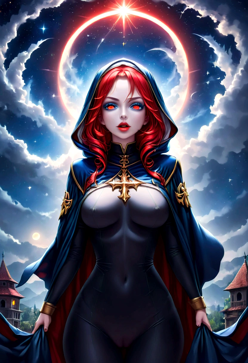 a picture of an exquisite beautiful female nun vampire standing under the starry night sky on the porch of her monastery, ultra feminine, (pale skin: 1.3), red hair, wavy hair, dynamic eyes color, cold eyes, glowing eyes, intense eyes, dark red lips, ((fangs: 1.1)), wearing (white nun tight וuniform: 1.3), wearing (blue cloak: 1.3), long cloak, flowing cloak, wearing (high heeled boots: 1.3), sky full of stars background, moon, bats flying about, action shot, high details, best quality, 16k, ((ultra detailed: 1.5)), masterpiece, best quality, portrait shot, photorealism, dark fantasy art, gothic art, many stars, sense of dread, GlowingRunesAI_red, Cinematic Hollywood Film style, ((no nudity: 1.5)), dark novel