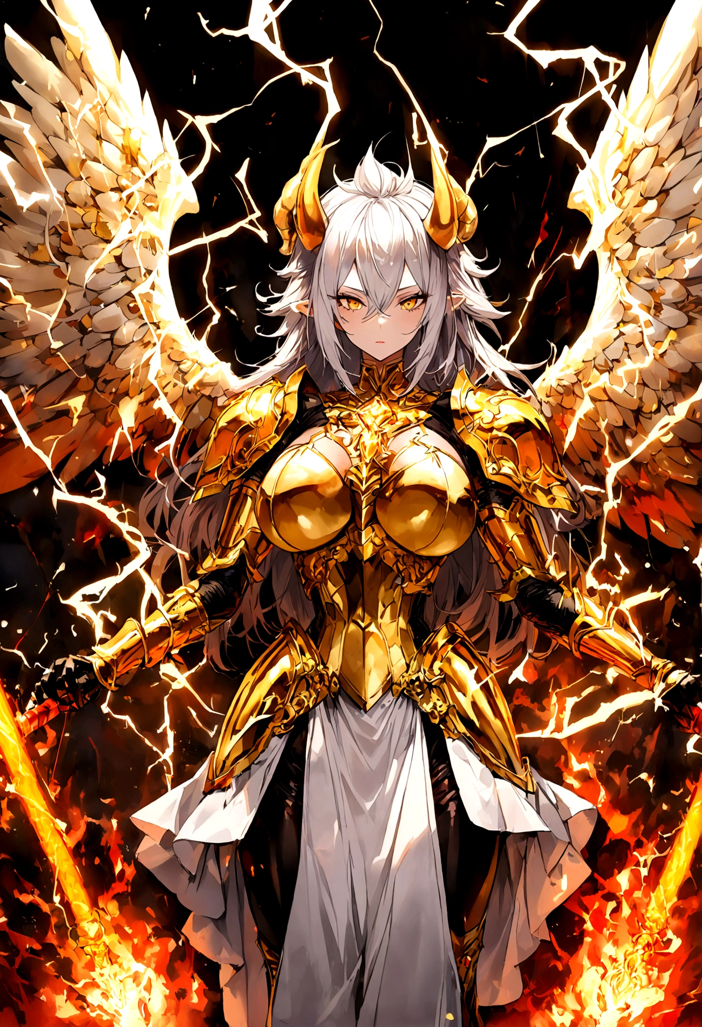 ((Lightning Power)), ((Electricity)), ((Fire Background)), ((android 21 Evil)), (((white Coat))), (((Darkness power))), (((Busty))), (((((Big breast:1,3)))), luxury bustier corset, ((silver hair)), (((Very slim waist))), propotional body, ((Gorgeous)), ((Fire gold wings)), masterpiece, hyperdetail, ambient effect, digital effect, (((FIRE SWORD)), (((Lightning Sword))), (((Fire Gold Armor))), ((Lightning Gold Wings)), ((Fire Demon Horns))