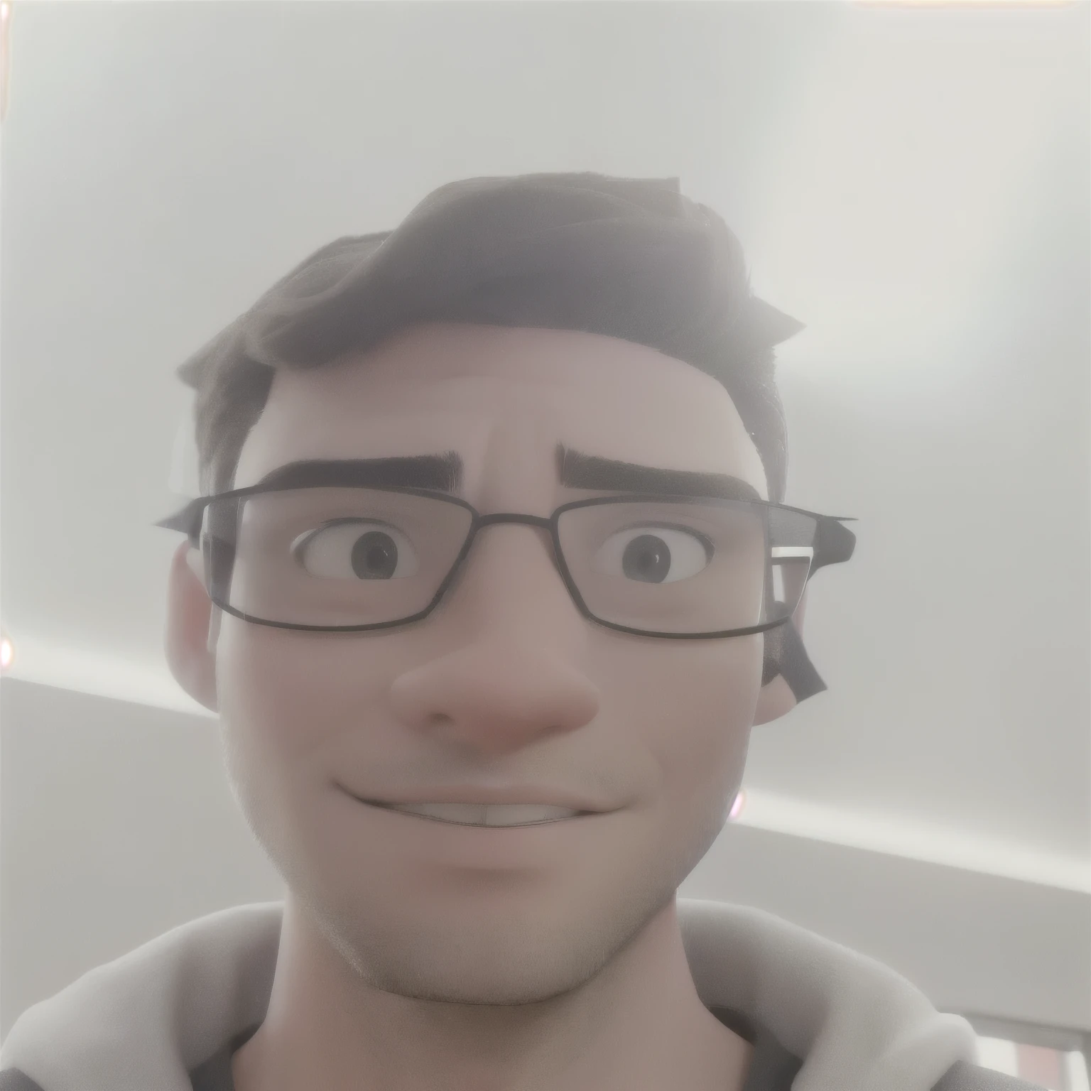 Man with glasses and gray shirt taking a selfie, muscle contraction coil / jogador ludwig, imagem frontal, Fotografia selfie 8k, looking directly at the camera, cerca de 19 anos, foto de rosto, with nerdy glasses and a goatee, young jewish man with glasses, caio santos, imagem de qualidade muito baixa, foto de perfil profissional, looking directly at the camera