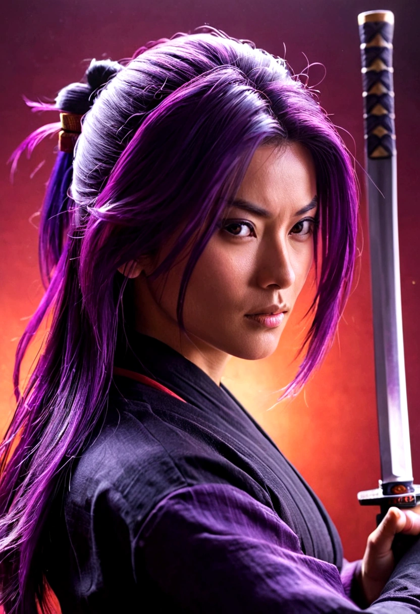 mulher, cabelo roxo, segurando uma katana