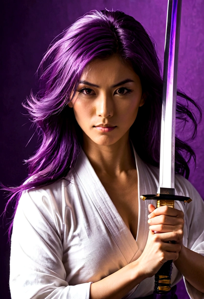 mulher, cabelo roxo, segurando uma katana