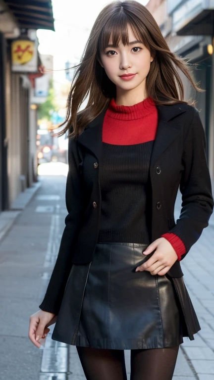 looking viewer, Holding a Japanese cat. Japanese girl , 16 year old ,(middle hair, brown hair, fringe, little smiling),(middle breasts, slender whist, middle hip, public hair) ,( (black skirt, long sleeves, pantyhose, black jacket:1.3),(red sweater:1.2),(covered nipples:1.1)), standing, front view, down sun lighting (masterpiece, highest quality, Very detailed, Ultra-high resolution, (photopractical:1.4), Original photo, (practical:0.2), 8K HDR,)
