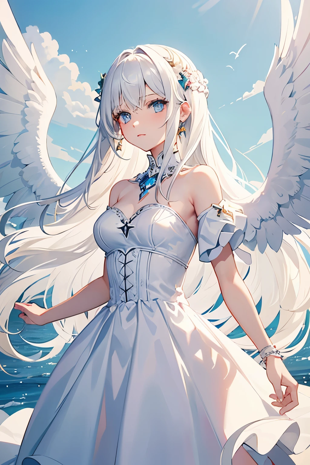 Girl, full calidad, white hair, long hair, blue eyes, shine eyes. Girl 21 years old. wings.  Shine, light. HD, Quality. White dress.  medium. Neutral expression. 