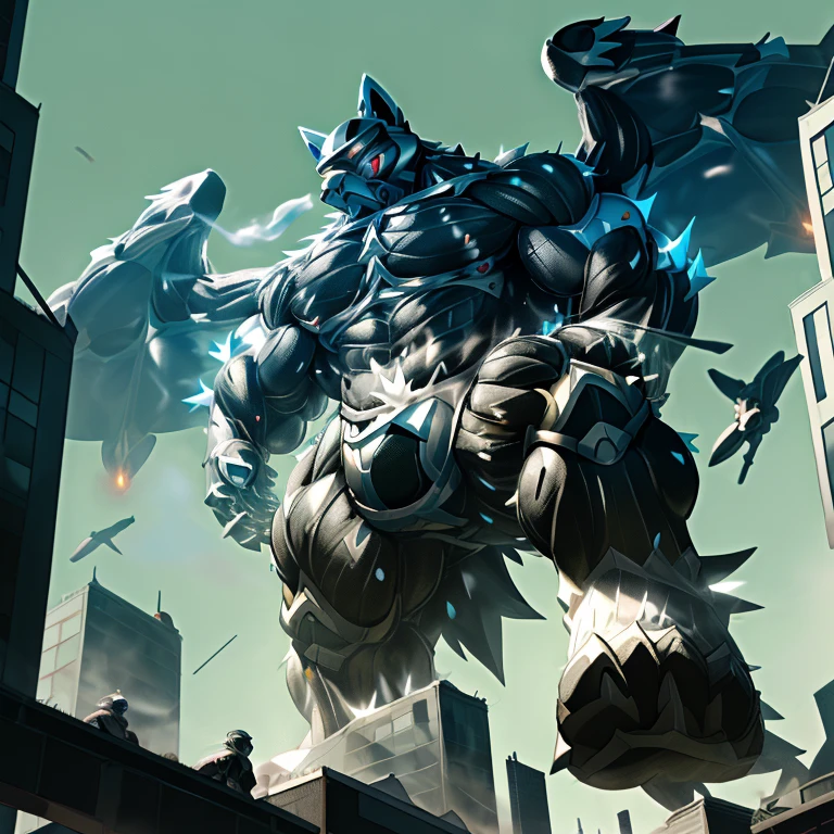 (masterpiece. official art. 8k. best quality. detailed full body. full body.)
(situation 1 : dominating LUCARIO. focus GIANT mechanical Muscular LUCARIO is trampling the CITY. macro. stomp. Low-angle perspective. emphasizing the immense size. The perspective is from below, emphasizing the sheer majesty and power of the Giant. giant art. He is much bigger than a skyscraper. Giga Giants. micro soccer field. looking down.)

(situation 2 :smoke and flames rising from the destruction in the city)

(Additional details 1: wearing a full-face helmet. helmet is jet black. The color of NANOSUIT is jet black. high-tech bio-mecha armor. real texture material. whole body shines like metal. Wearing cyberpunk mecha. emphasizes the muscles. suit fully made of metal. intricate armor. Robotic suit. suit fully made of metal. NANOSUIT with the same design as LUCARIO.). (Lucario has 5 toes.)

(Additional details 2: (Detailed head. Detailed Body. Detailed abs. gigantic muscles. HYPER MUSCLES. Gigachad Muscular. big muscle. pecs. triceps. traps. unusually developed muscular body. body full of huge muscles. showing off muscles. pectorales enormes. Exaggeratedly huge muscles. huge muscles. long legs.).

(Additional details 3: nj5furry, Spread wings. It has wings. black have big wings. The claws are sharp. Sharp teeth.5 toes.). 