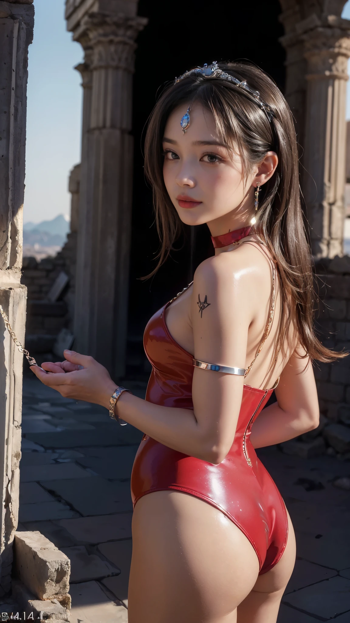 ((masterpiece:1.4), (premium:1.4), (Realist:1.7), ultraRealist, ((Super beautiful girl queen:1.3)), ((1 girl:1.4, Asian people, s old, Baby Face:1.5)), Glowing, natural skin texture, (Shiny luxury latex:1.4), (Luxury Red Latex Bodysuit:1.4), (Nice tattoos:1.4), (Looking back at beauty:1.4), (Perfect beautiful girl body:1.4), (Upper body photo shoot), Sharp focus, Portrait of a girl, Close-up photo, Arte Fantasia, Soft Front Light, Beautiful small face, Beautiful breasts, Beautiful little ass, Detailed Eyes, Beautiful and attractive eyes, Beautiful Eyes, Tight waist, Beautiful feet, Raw photo, Moisturizing lips, (tiara:1.4, choker:1.4, necklace:1.4, Earrings:1.4), (A beautiful girl standing on the ruins of the ancient Martian kingdom), ((8k, highest quality)), Cute smile