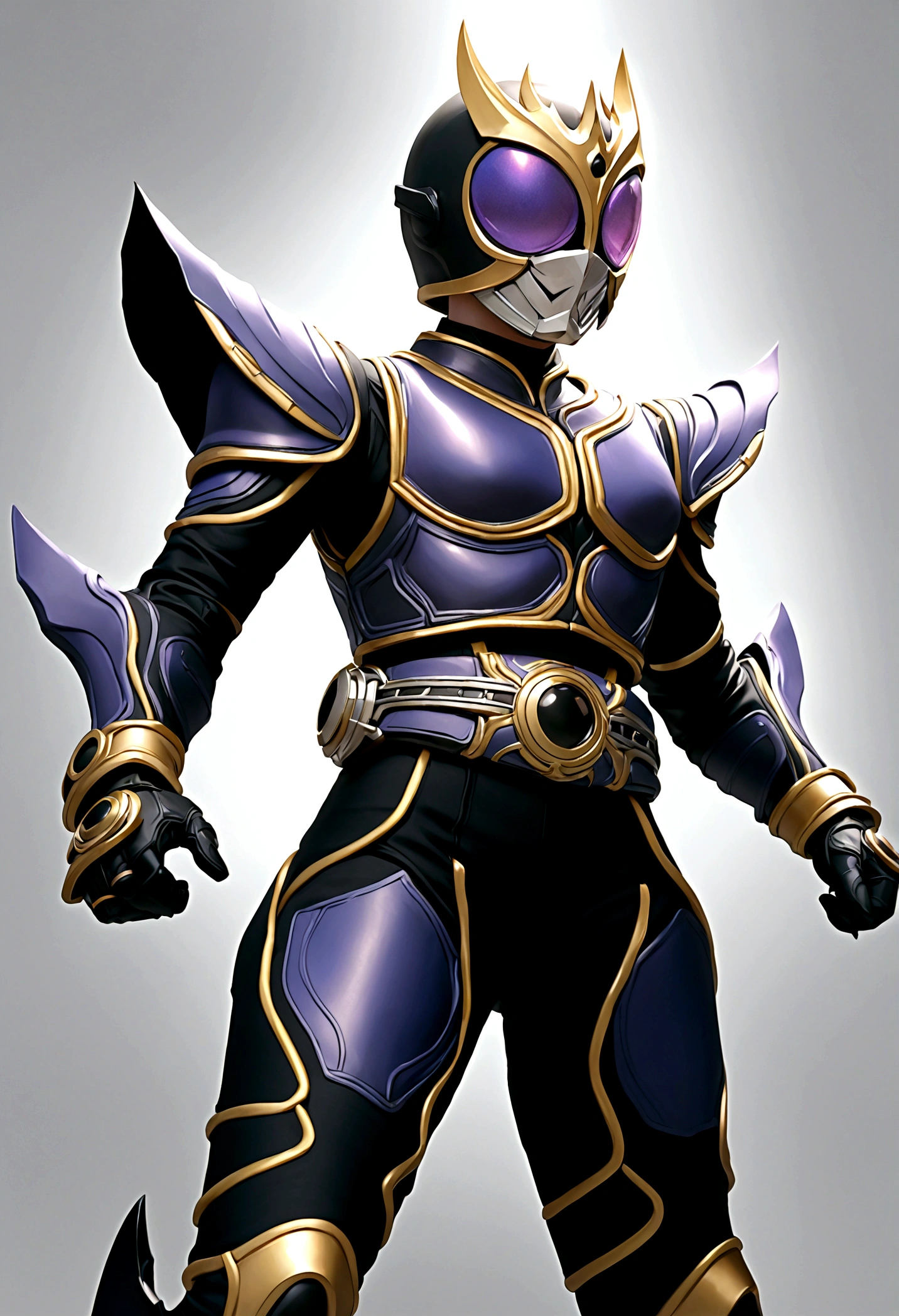 a tomboy girl with short black hair, beautiful sharp purple glowing eyes, wearing kuuga armor, holding a broad sword, (best quality,4k,8k,highres,masterpiece:1.2),ultra-detailed,(realistic,photorealistic,photo-realistic:1.37),intricate details,cinematic lighting,fantasy,concept art,digital painting,vibrant colors