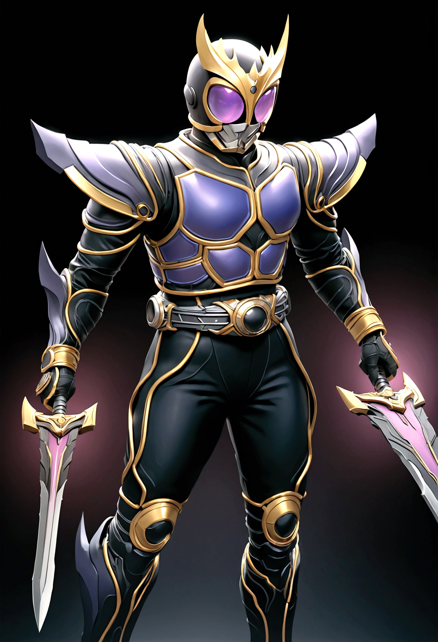 a tomboy girl with short black hair, beautiful sharp purple glowing eyes, wearing kuuga armor, holding a broad sword, (best quality,4k,8k,highres,masterpiece:1.2),ultra-detailed,(realistic,photorealistic,photo-realistic:1.37),intricate details,cinematic lighting,fantasy,concept art,digital painting,vibrant colors