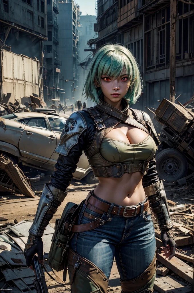 emeraldsustrai, emerald sustrai, short hair, (red eyes:1.5), green hair, dark skin, dark-skinned female, BREAK navel, cleavage, midriff, belt, cleavage cutout, chaps, BREAK (standing in aircraft scrapyard), in valley, hand on hip, BREAK mega city in background, crowd, (crowd in military dress), post-apocalypse, dystopian future, (volumetric lighting), intricate details, tonemapping, sharp focus, hyper detailed, (cowboy shot:1.5), BREAK (masterpiece:1.2), best quality, high resolution, unity 8k wallpaper, (illustration:0.8), (beautiful detailed eyes:1.6), extremely detailed face, perfect lighting, extremely detailed CG, (perfect hands, perfect anatomy),