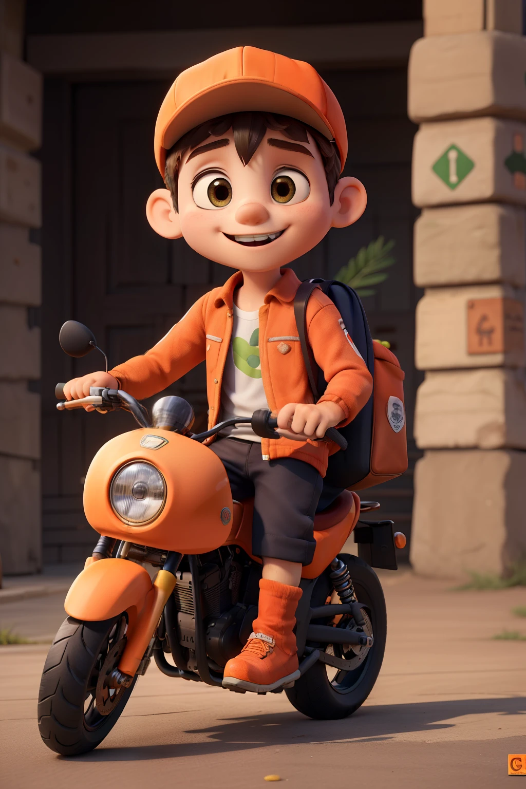 Personagem 3D, a , wearing an orange biker uniform and cap, dirigindo uma motocicleta laranja, com uma Food Delivery Bag quadrada nas costas na cor laranja.
