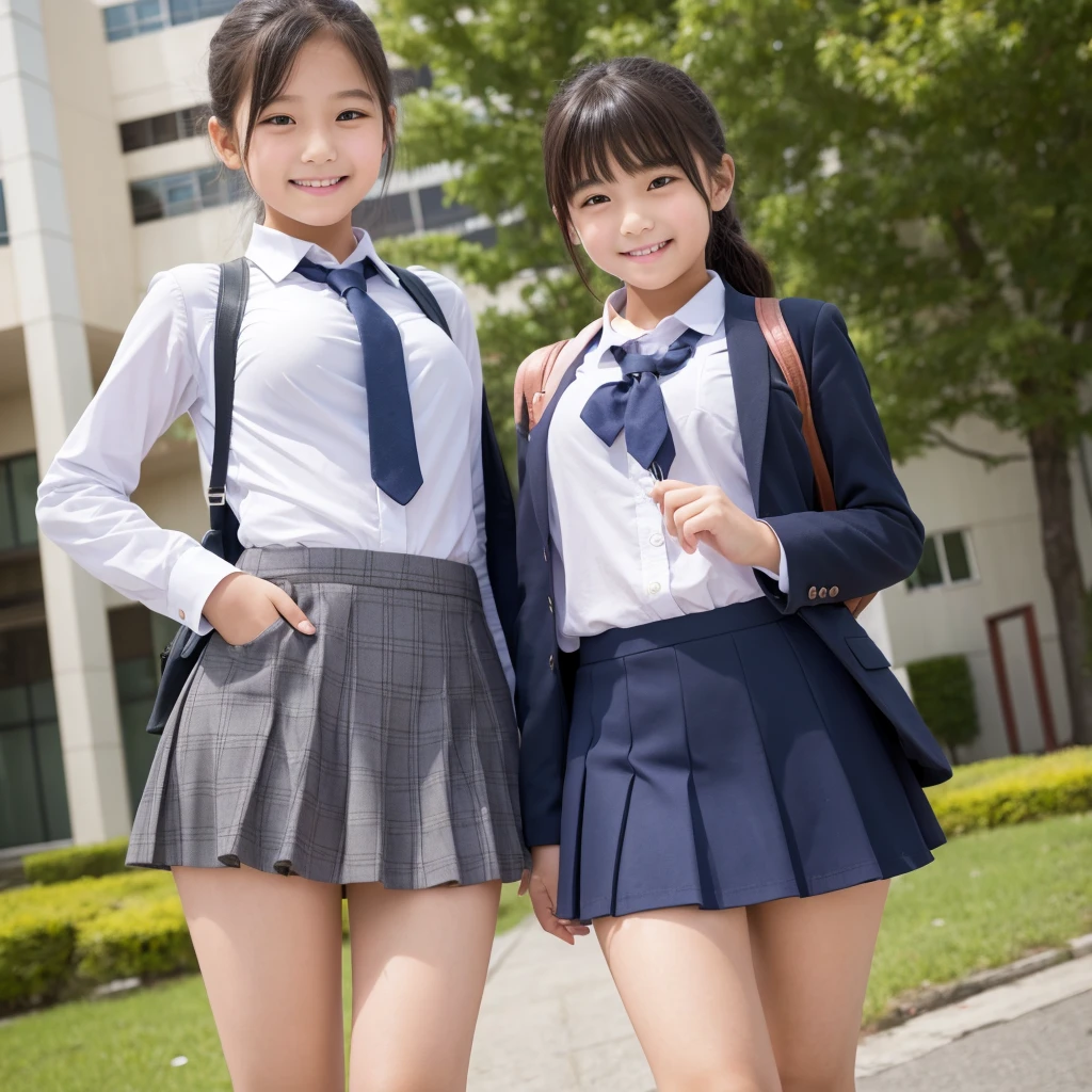 (high quality)、(high resolution)、Two elementary school students、Looking at me with a smile、whole body、Growing and budding breasts、A skirt so short you can see her panties