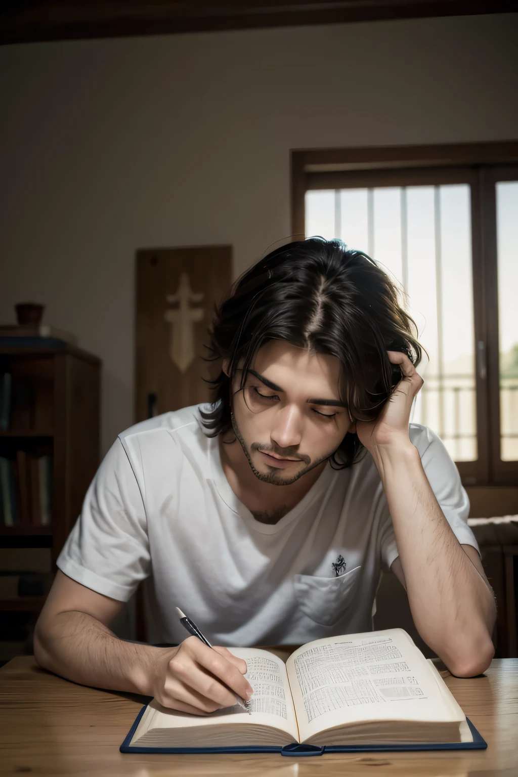 un hombre moderno, sentado en su escritorio de su hogar. preocupado y leyendo la biblia. por atras esta jesucristo, mirandolo con amor para ayudarle. 