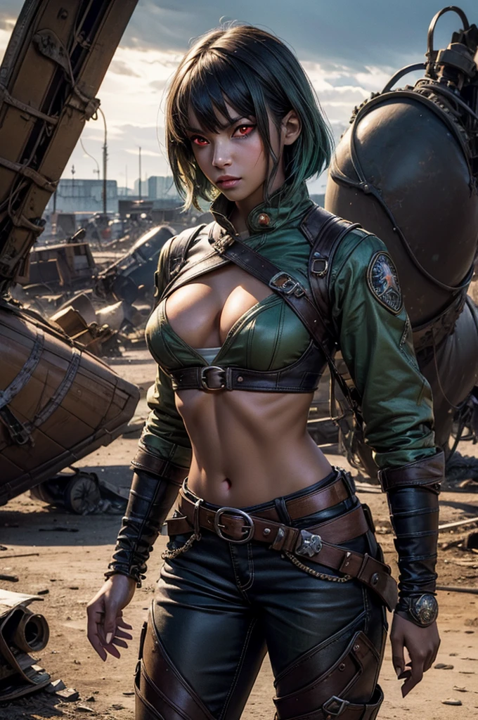 emeraldsustrai, emerald sustrai, short hair, (red eyes:1.5), green hair, dark skin, dark-skinned female, BREAK navel, cleavage, midriff, belt, cleavage cutout, chaps,  BREAK (standing in airplane scrapyard), in valley, hand on hip, BREAK mega city in background, crowd, (crowd in military dress), (volumetric lighting),  intricate details, tonemapping, sharp focus, hyper detailed, (cowboy shot:1.5), BREAK (masterpiece:1.2), best quality, high resolution, unity 8k wallpaper, (illustration:0.8), (beautiful detailed eyes:1.6), extremely detailed face, perfect lighting, extremely detailed CG, (perfect hands, perfect anatomy), 