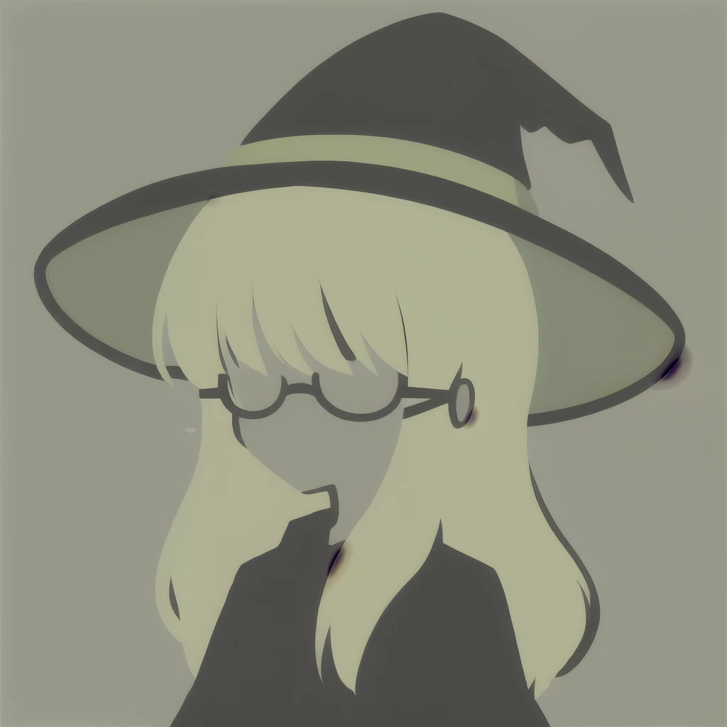 Anime Minimalist, One girl, alone, Flaxen Hair, Green background, hair ornaments, Curly Hair, librarian,Glasses,hat,witch,Turned to the side