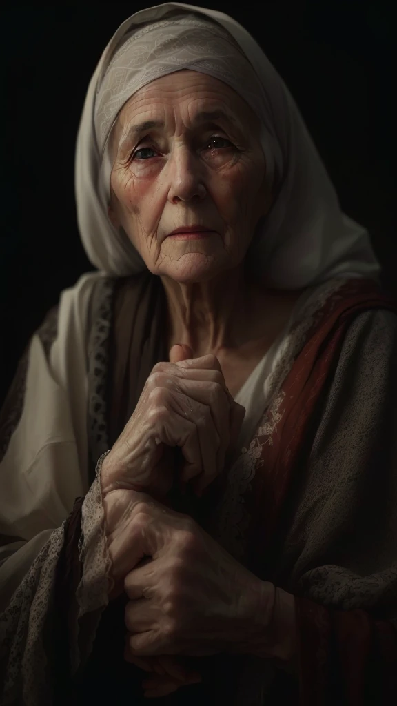 an old woman with a white head scarf and a white head scarf, cinematic portrait, soft portrait shot 8 k, 7 0 mm portrait, 60mm portrait, 8k artistic portrait photography, portrait shot 8 k, old woman, color photograph portrait 4k, dramatic cinematic portrait, portrait of a old woman, 50mm portrait, 4k portrait