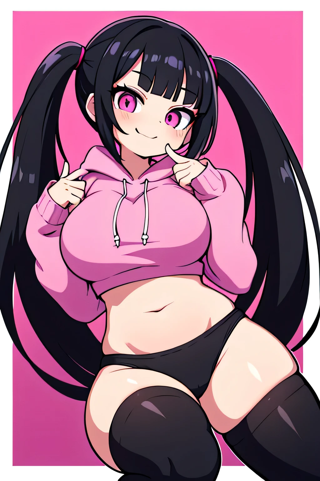 best quality, expressive eyes, perfect face, black hair, long twintails, straight bangs, pink eyes, smirking expression, pink hoodie crop top, black thigh highs, pink lips, black panties, big breasts, adult, pinching finger, evil 