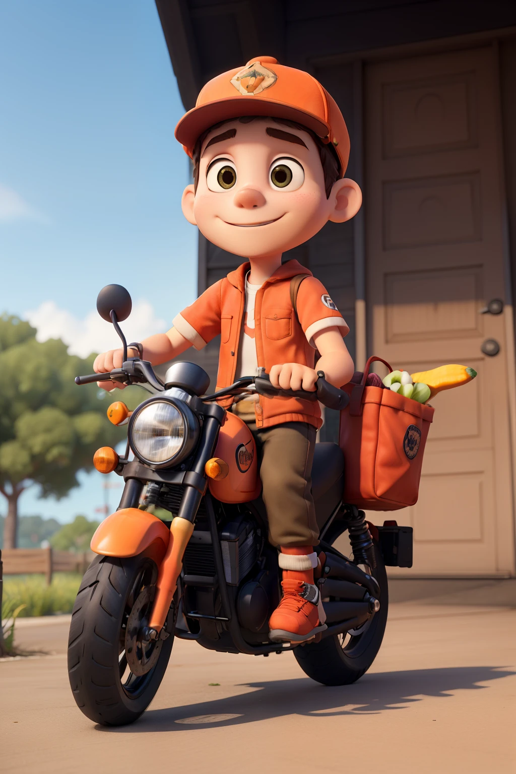 Personagem 3D, a , wearing an orange biker uniform and cap, dirigindo uma motocicleta laranja, com uma Food Delivery Bag quadrada nas costas na cor laranja.
