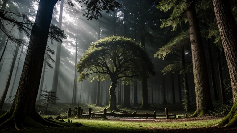 Create an image of a mysterious, enchanted forest covered in ethereal mist. The trees are tall and ancient with moss-covered trunks and intertwined branches forming a dense canopy. The forest floor is filled with fallen leaves, twisted roots, and colorful mushrooms. A ruinous tree in the center has a clock with an immobile pendulum and a piece of paper reading 'Death will come for you in the darkness.' Include a young woman named Ema, alone and trembling, looking at the clock and paper with fear. Small glimmers of light dance among the shadows, and the bright eyes of nocturnal animals watch from the darkness. The scene should feel mysterious, enchanting, and slightly dangerous