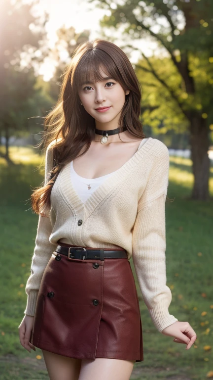 looking viewer, Holding a Japanese cat. Japanese girl , 16 year old ,(middle hair, brown hair, fringe, little smiling),(middle breasts, slender whist, middle hip, public hair)  sweater, cleavage, long sleeves, collarbone, belt,(dark red mini skirt:1.3),tights, choker
, standing, front view, down sun lighting (masterpiece, highest quality, Very detailed, Ultra-high resolution, (photopractical:1.4), Original photo, (practical:0.2), 8K HDR,)