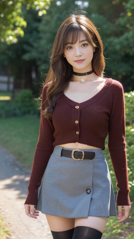 looking viewer, Holding a Japanese cat. Japanese girl , 16 year old ,(middle hair, brown hair, fringe, little smiling),(middle breasts, slender whist, middle hip, public hair) sweater, cleavage, long sleeves, collarbone, belt,(dark red mini skirt:1.3),tights, choker
, standing, front view, down sun lighting (masterpiece, highest quality, Very detailed, Ultra-high resolution, (photopractical:1.4), Original photo, (practical:0.2), 8K HDR,)