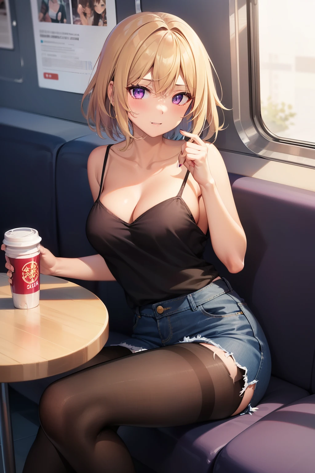 (Tabletop, highest quality, Super detailed), One Girl, Purple eyes, Blonde Hair, Dark Skin, Short Hair、Perm Hair、((pantyhose))、(on the train)、((Denim it、camisole