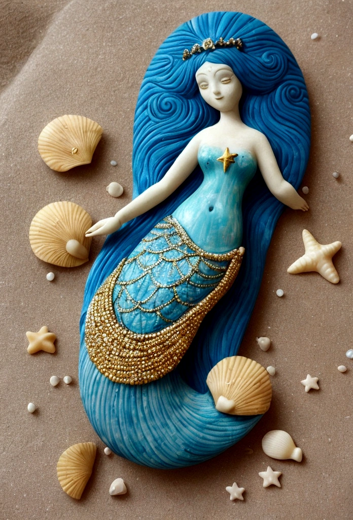 a woman with a starfish over her eyes wearing it as if it were a mask over her eyes and the starfish has small blue lights that shine, the woman stands on a black stone carved with symbols in a rough sea rising hands towards the sky in a Sandro Botichelli style painting, with slightly blue skin and small scales on her face, she has long hair decorated with gold and pearly tiaras and breasts covered with shells (Lying position on the carved rock with a pronounced mermaid tail )(MAR PICADO Y LUNA ILUMINANDO) (MUJER REALISTA CON PIEL AZULADA TENUE) mascara de estrella marina tapando sus ojos (piedras muy negras)