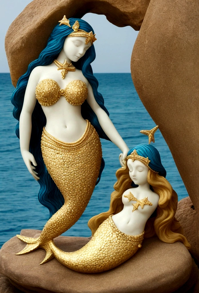 a woman with a starfish over her eyes wearing it as if it were a mask over her eyes and the starfish has small blue lights that shine, the woman stands on a black stone carved with symbols in a rough sea rising hands towards the sky in a Sandro Botichelli style painting, with slightly blue skin and small scales on her face, she has long hair decorated with gold and pearly tiaras and breasts covered with shells (Lying position on the carved rock with a pronounced mermaid tail )(MAR PICADO Y LUNA ILUMINANDO) (MUJER REALISTA CON PIEL AZULADA TENUE) mascara de estrella marina tapando sus ojos (piedras muy negras)