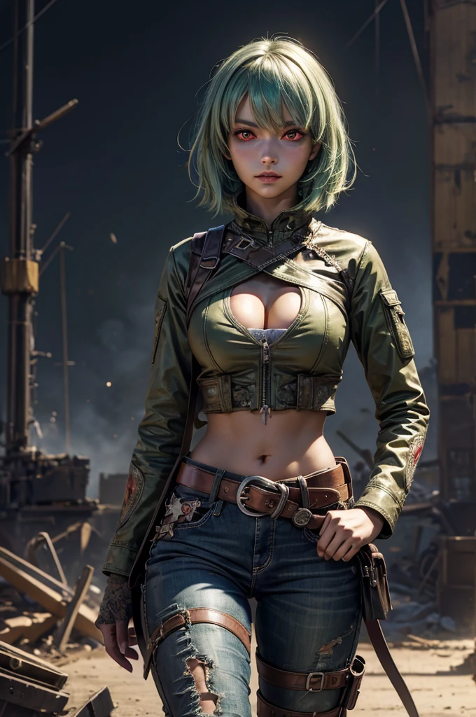 emeraldsustrai, emerald sustrai, short hair, (red eyes:1.5), green hair, dark skin, dark-skinned female, BREAK navel, cleavage, midriff, belt, cleavage cutout, chaps, BREAK (standing in airplane scrapyard), in valley, hand on hip, BREAK mega city in background, crowd, (crowd in military dress), (volumetric lighting), intricate details, tonemapping, sharp focus, hyper detailed, (cowboy shot:1.5), BREAK (masterpiece:1.2), best quality, high resolution, unity 8k wallpaper, (illustration:0.8), (beautiful detailed eyes:1.6), extremely detailed face, perfect lighting, extremely detailed CG, (perfect hands, perfect anatomy),